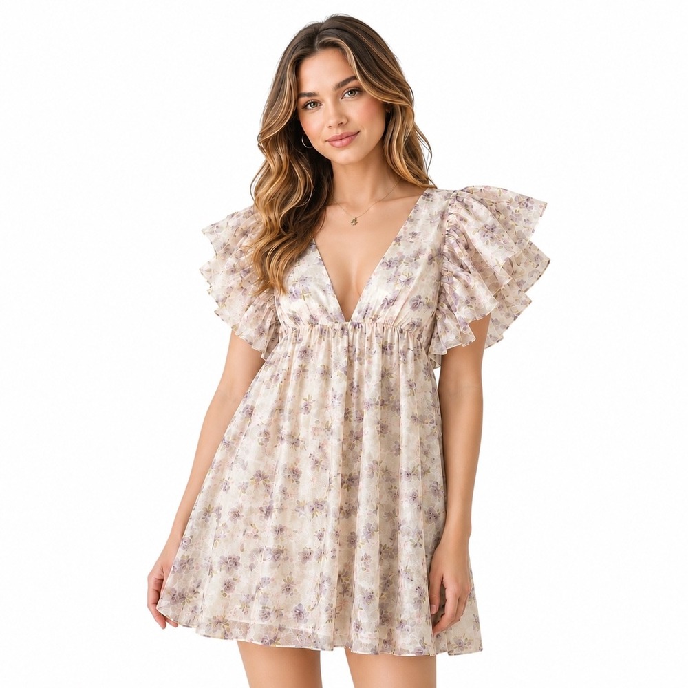 Storia Layla Floral Babydoll‎ Mini Dress XS Ruffle Sleeve V-Neck Fairy Cottage